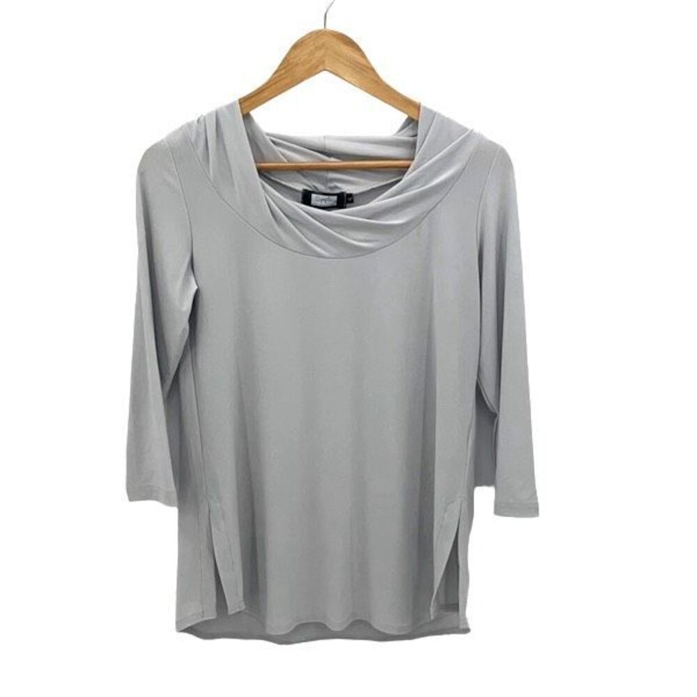 Sympli Womens Twisted Neck Quarter Sleeve‎ Slit Side Blouse Gray Size 6